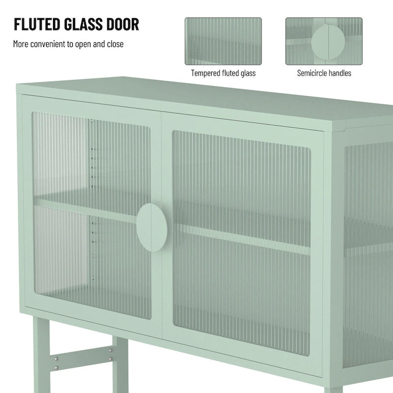 Meuble vitrine en verre trempé avec 2 portes en verre cannelé, étagère réglable, pieds en U, placard fermé pour cuisine et salon