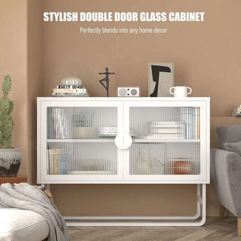 Meuble vitrine en verre trempé avec 2 portes en verre cannelé, étagère réglable, pieds en U, placard fermé pour cuisine et salon