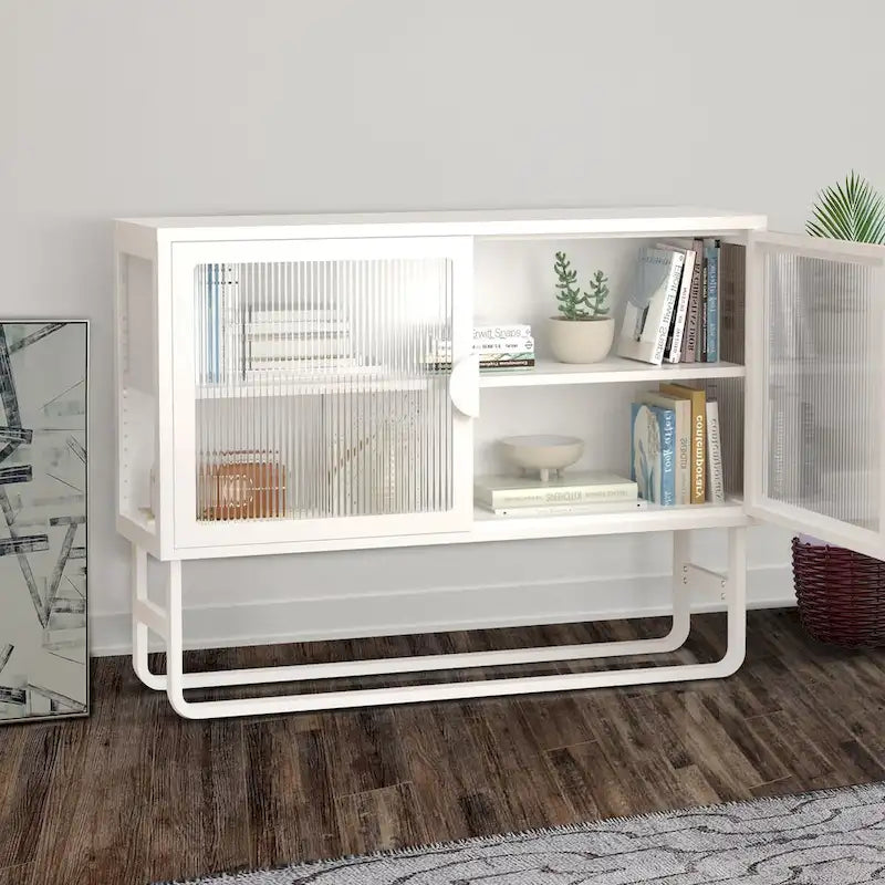 Meuble vitrine en verre trempé avec 2 portes en verre cannelé, étagère réglable, pieds en U, placard fermé pour cuisine et salon