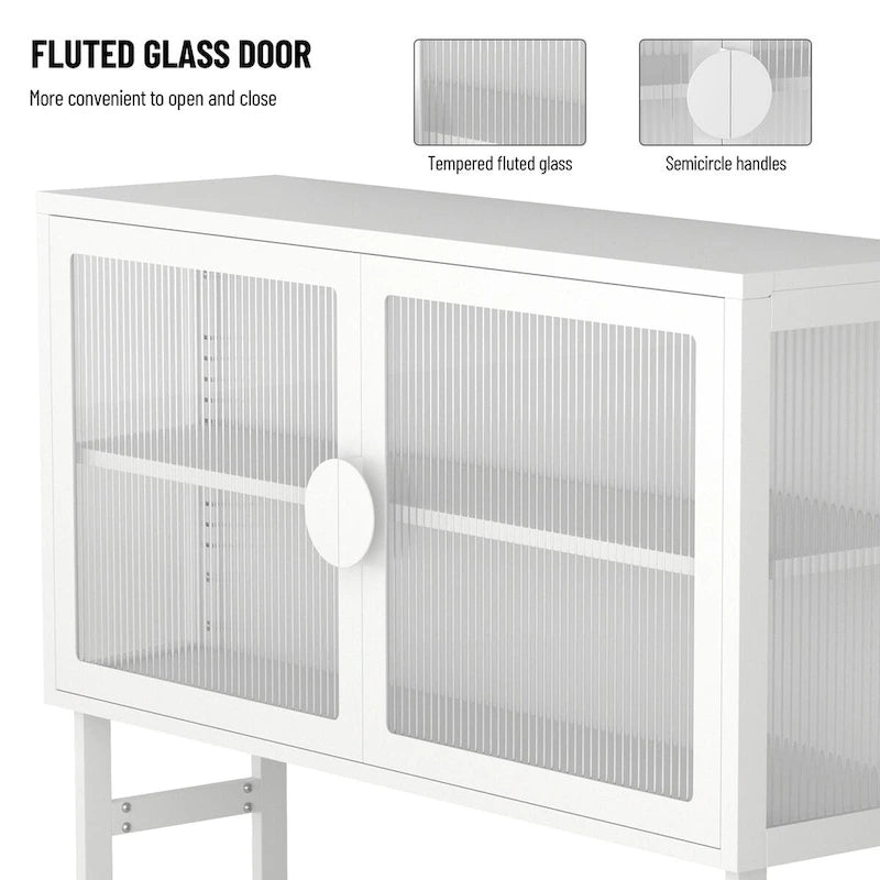 Meuble vitrine en verre trempé avec 2 portes en verre cannelé, étagère réglable, pieds en U, placard fermé pour cuisine et salon