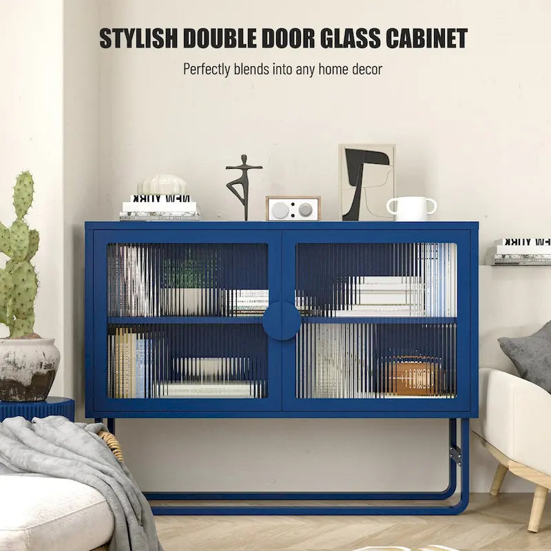 Meuble vitrine en verre trempé avec 2 portes en verre cannelé, étagère réglable, pieds en U, placard fermé pour cuisine et salon