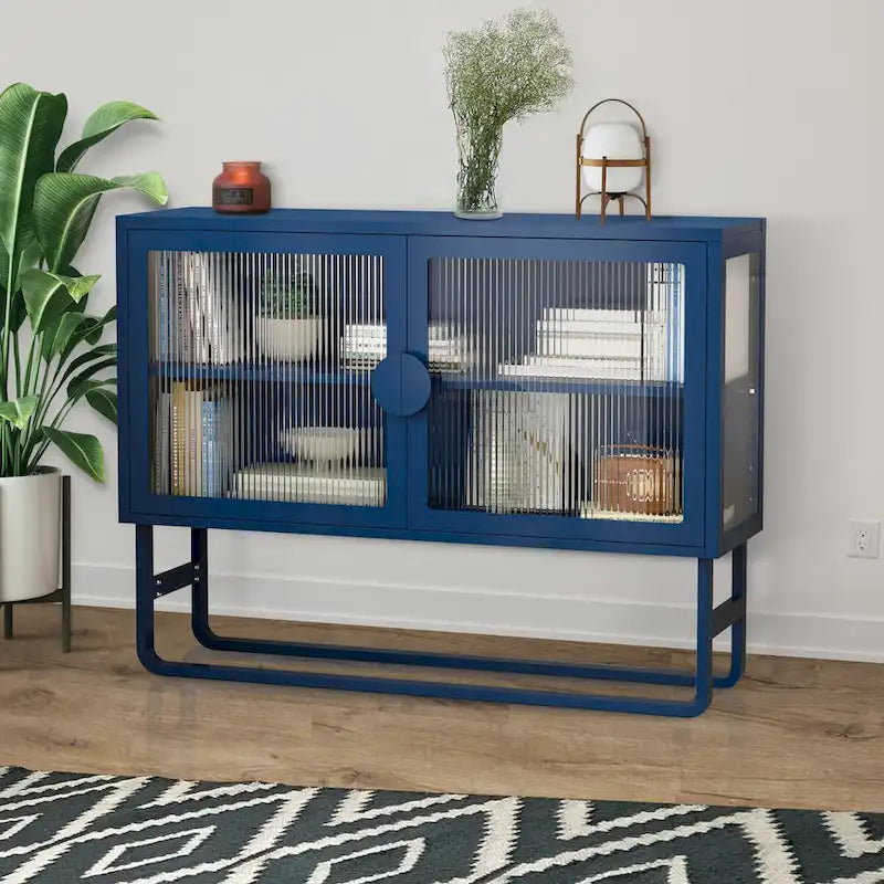 Meuble vitrine en verre trempé avec 2 portes en verre cannelé, étagère réglable, pieds en U, placard fermé pour cuisine et salon