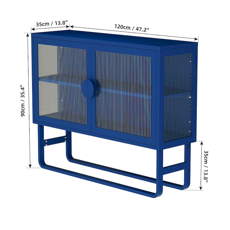 Meuble vitrine en verre trempé avec 2 portes en verre cannelé, étagère réglable, pieds en U, placard fermé pour cuisine et salon
