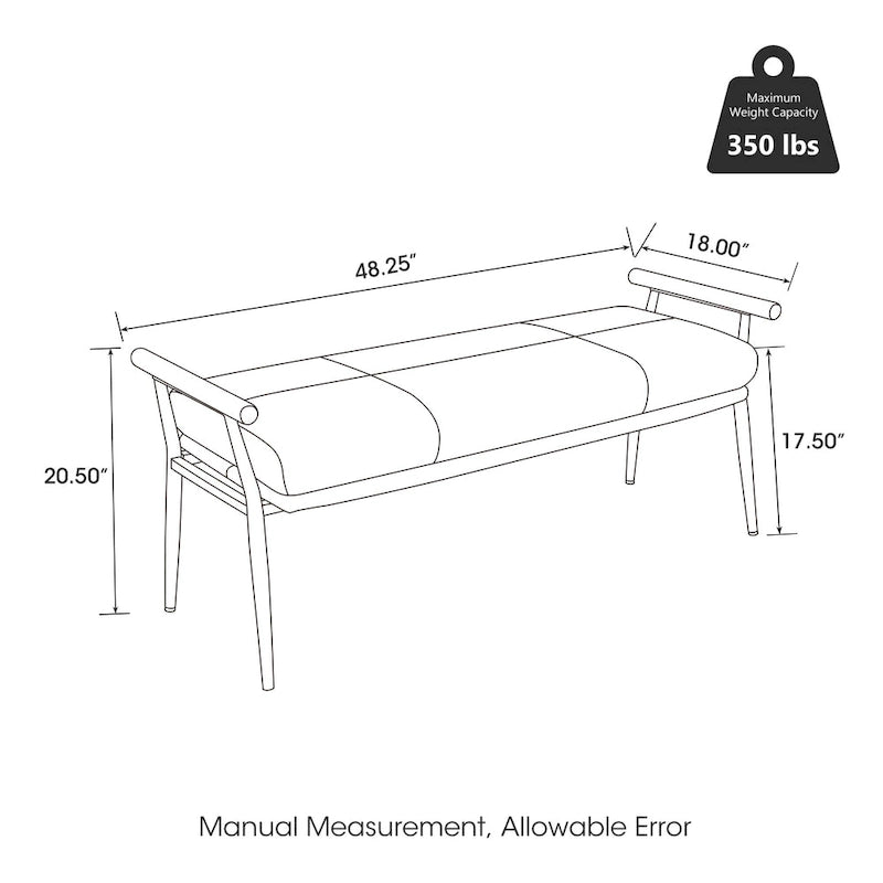 Banc rembourré moderne de 48,5 pouces de largeur avec accoudoirs en bois et pieds en métal