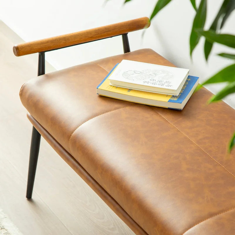 Banc rembourré moderne de 48,5 pouces de largeur avec accoudoirs en bois et pieds en métal