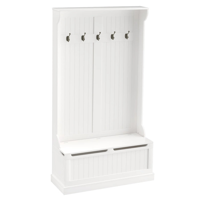 38 porte-manteaux d'entrée 3-en-1 avec banc de rangement, patère à quatre crochets et rangement à chaussures, blanc