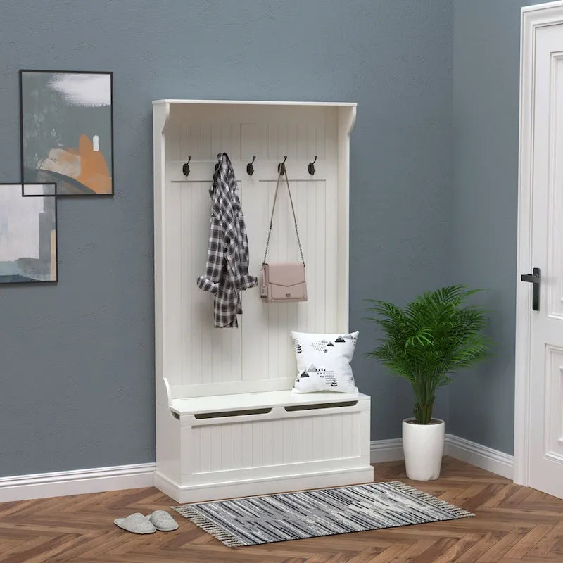 38 porte-manteaux d'entrée 3-en-1 avec banc de rangement, patère à quatre crochets et rangement à chaussures, blanc