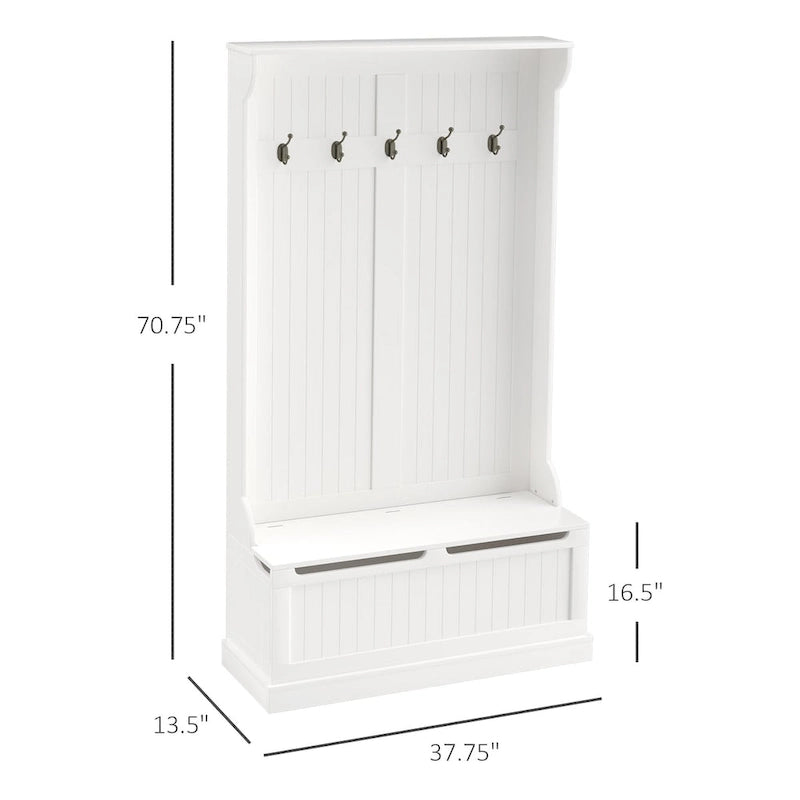38 porte-manteaux d'entrée 3-en-1 avec banc de rangement, patère à quatre crochets et rangement à chaussures, blanc