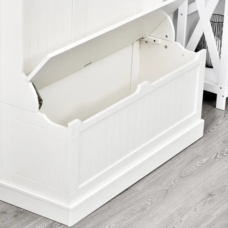 38 porte-manteaux d'entrée 3-en-1 avec banc de rangement, patère à quatre crochets et rangement à chaussures, blanc