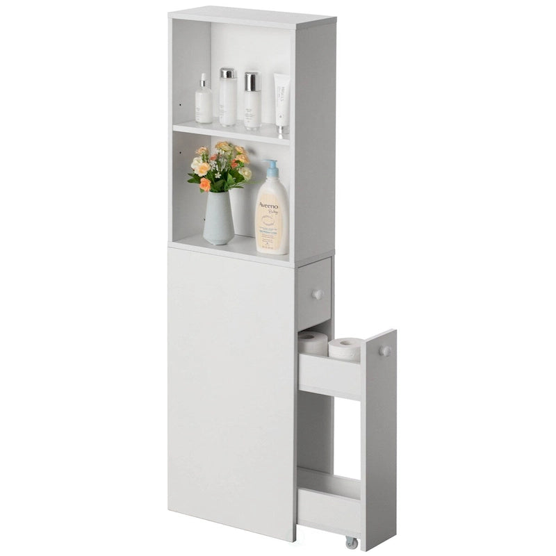 Meuble de rangement pour salle de bain, idéal comme porte-papier toilette, organiseur de produits féminins avec tiroir de rangement et étagère réglable