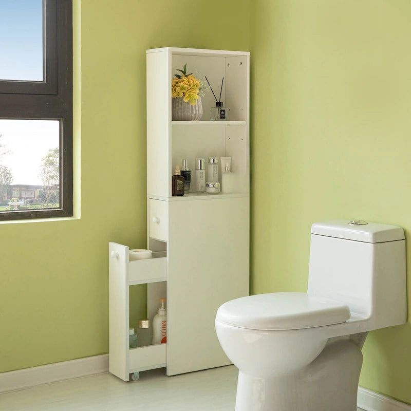 Meuble de rangement pour salle de bain, idéal comme porte-papier toilette, organiseur de produits féminins avec tiroir de rangement et étagère réglable