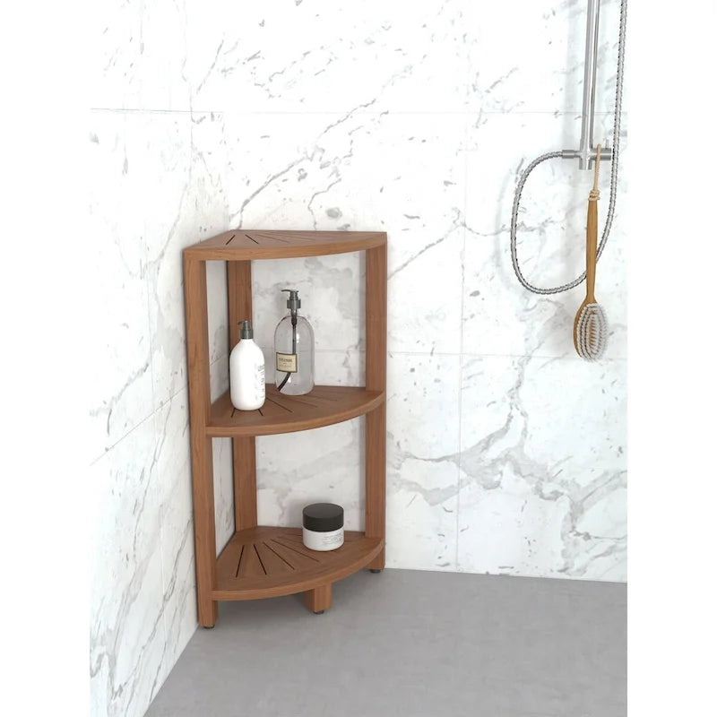 Petite étagère de salle de bain d'angle en teck à 3 niveaux