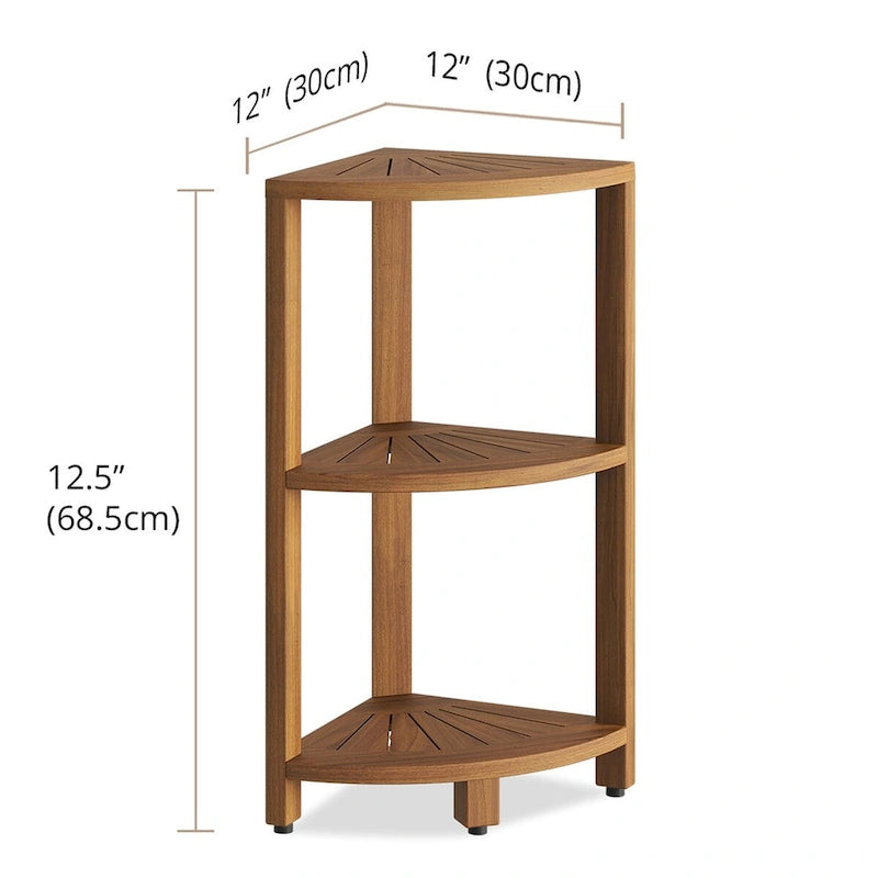 Petite étagère de salle de bain d'angle en teck à 3 niveaux