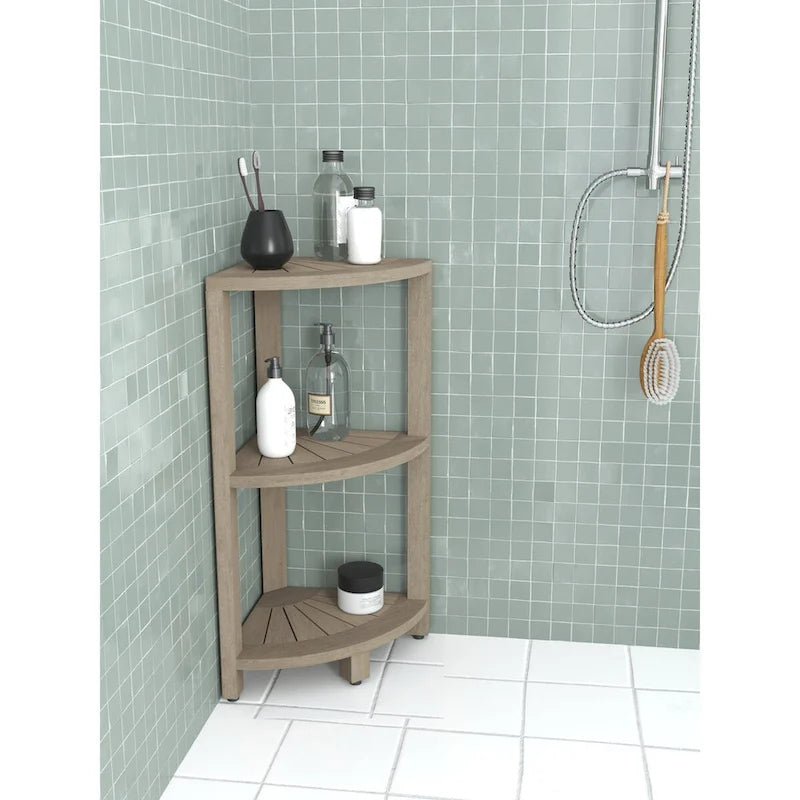 Petite étagère de salle de bain d'angle en teck à 3 niveaux