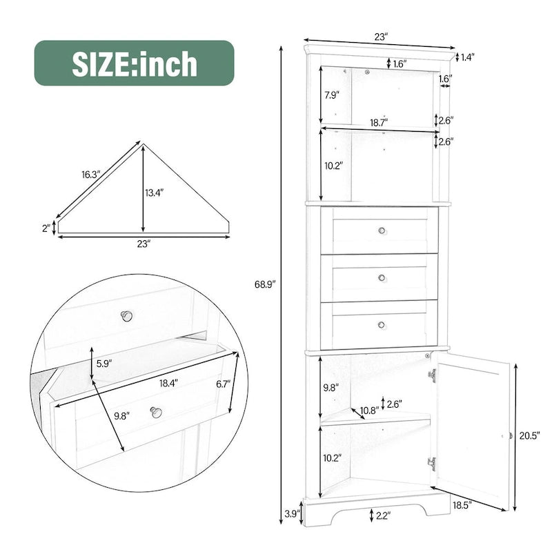 Meuble de salle de bain à 1 porte vert Tall Wood 69 po avec tablette réglable