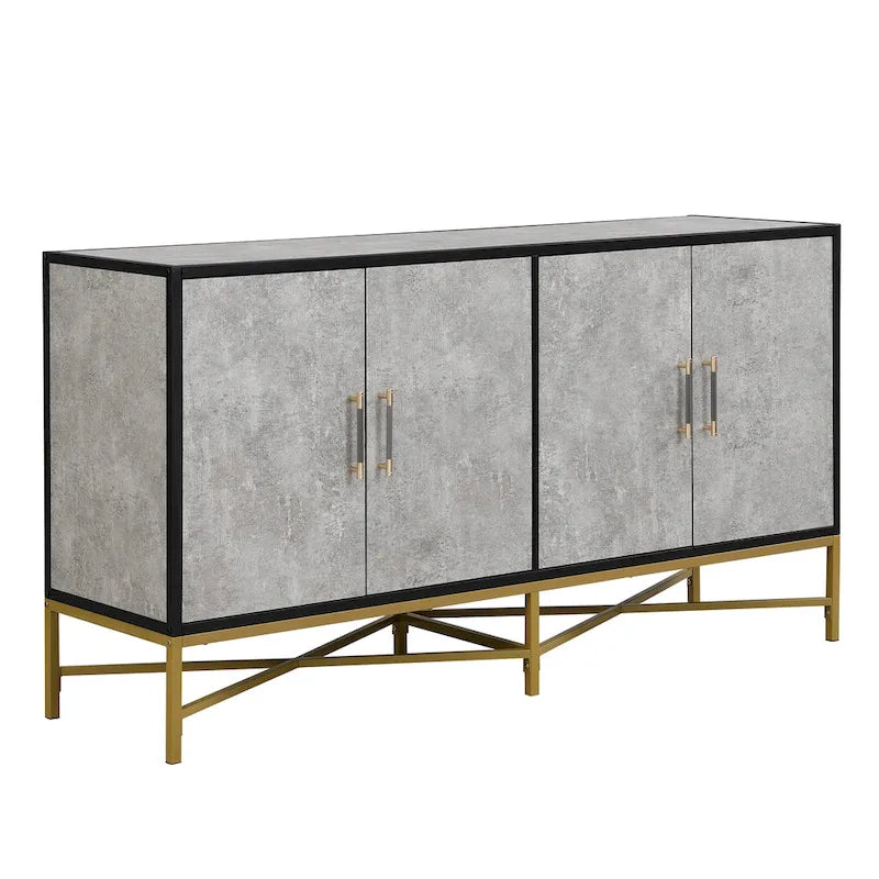 Caractéristiques distinctives d'un buffet à quatre portes avec pieds en métal croisés, adapté aux salons