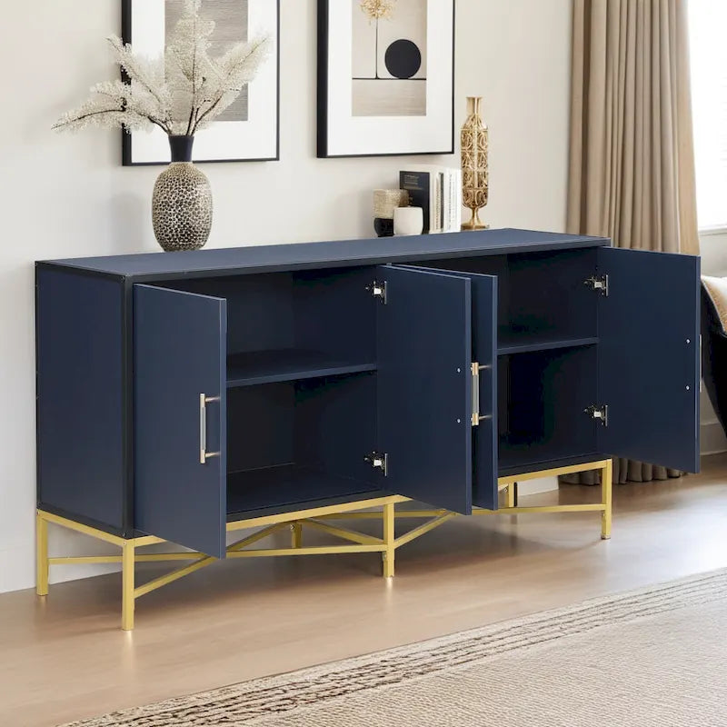 Caractéristiques distinctives d'un buffet à quatre portes avec pieds en métal croisés, adapté aux salons