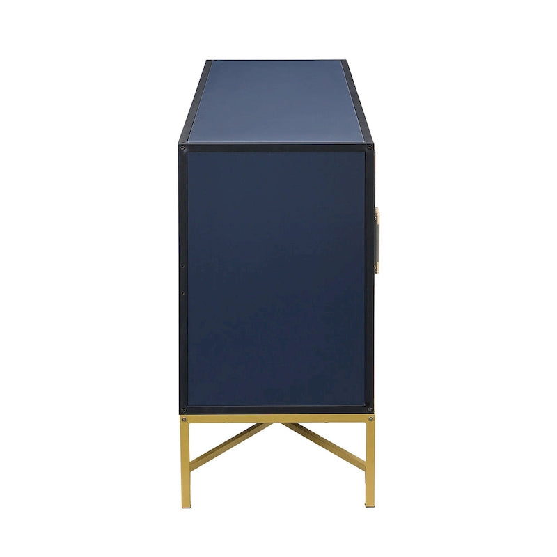 Caractéristiques distinctives d'un buffet à quatre portes avec pieds en métal croisés, adapté aux salons