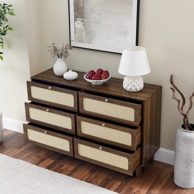 Commode de rangement 6 tiroirs en rotin