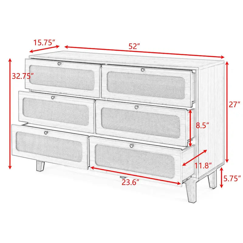 Commode de rangement 6 tiroirs en rotin